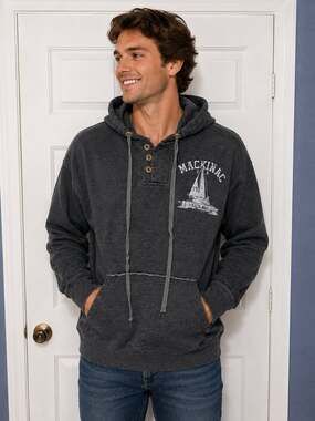 Avalon Apparel Mackinac Island USA 79 Sailboat Graphic Henley Hoodie Size L